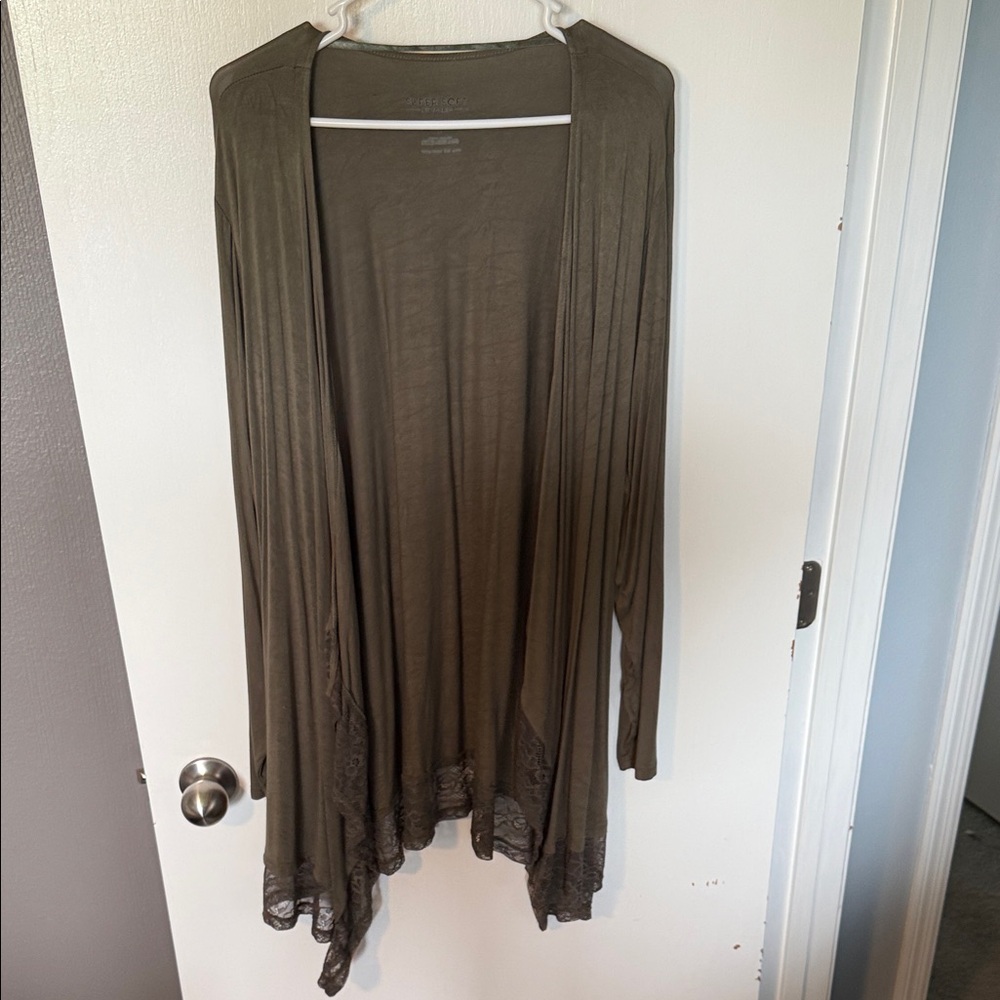 Olive Green Open Front Cardigan with Lace Trim